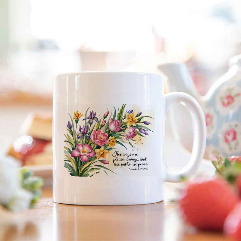 Tailorly White Ceramic 11 oz Mug - Her Ways Are Pleasant Ways And Her Paths Are Peace Proverbs 3 17 Colorful Watercolor Wildflowers Blooming Elegantly With Green