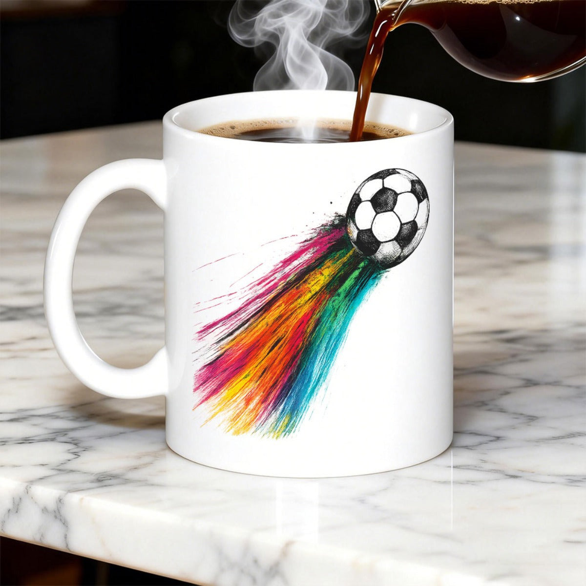 Tailorly White Ceramic 11 oz Mug - Vibrant Rainbow Trail Following A Flying Classic Sports Patterned Soccer Ball