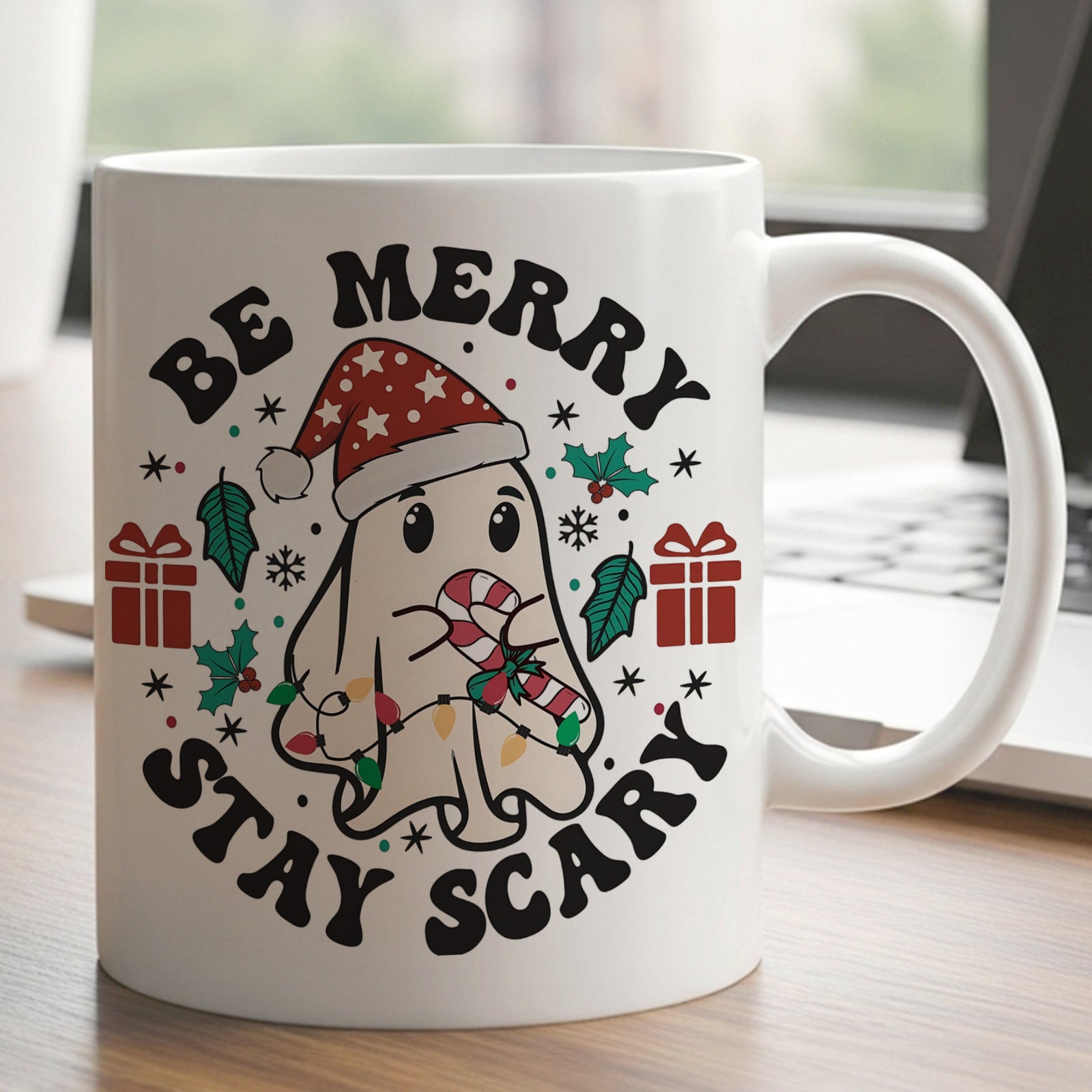 Tailorly White Ceramic 11 oz Mug - Be Merry Stay Scary Adorned With Festive Santa Hat And Holiday Lights Among Seasonal Gift Ghost
