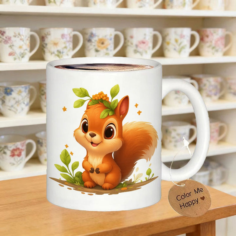 Tailorly White Ceramic 11 oz Mug - Color Me Happy Adorable Orange Forest Creature Sitting Among Vibrant Green Leaves Squirrel