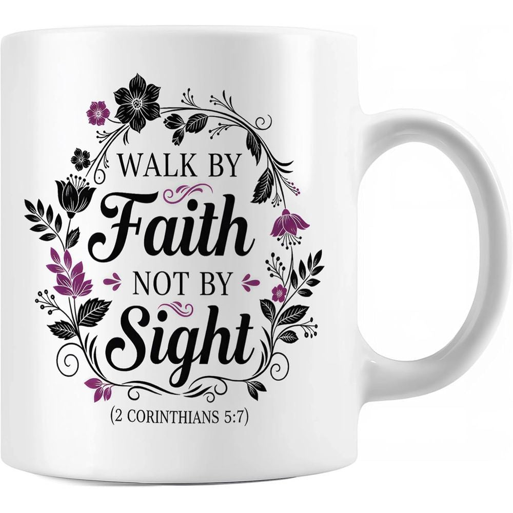 Tailorly White Ceramic 11 oz Mug - Walk By Faith Not By Sight Elegant Black And Purple Flowers Forming A Circular Wreath Mug