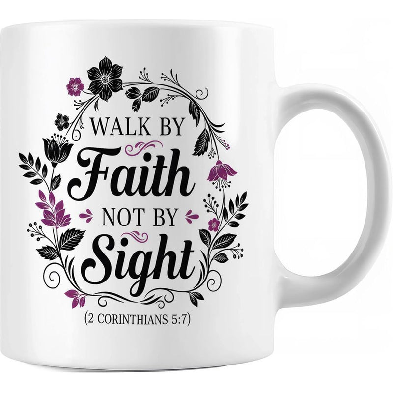 Tailorly White Ceramic 11 oz Mug - Walk By Faith Not By Sight Elegant Black And Purple Flowers Forming A Circular Wreath Mug