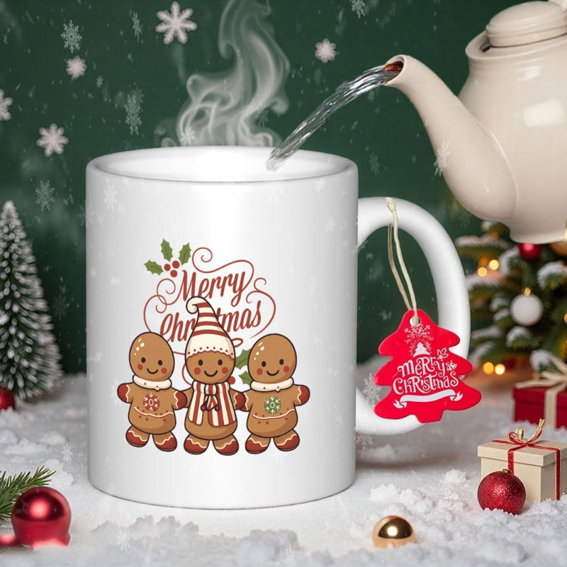Tailorly White Ceramic 11 oz Mug - Merry Christmas Three Festive Gingerbread Men Standing Together In A Winter Scene Gingerbread