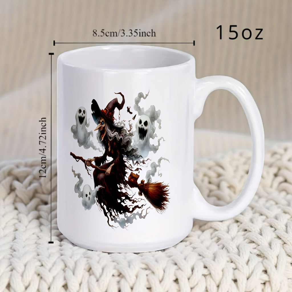 Tailorly White Ceramic 11 oz Mug - Spooky Floating Little Ghosts Flying Around A Mysterious Broomstick Riding Witch