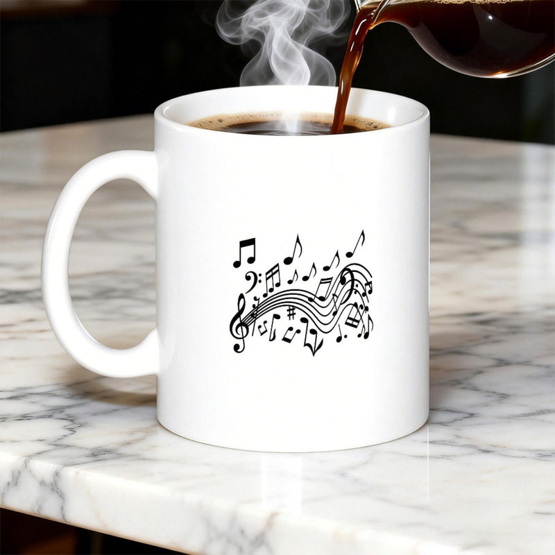 Tailorly White Ceramic 11 oz Mug - Flowing Artistic Staff With Elegant Melodic Symbols On A Wavy Musical Notes