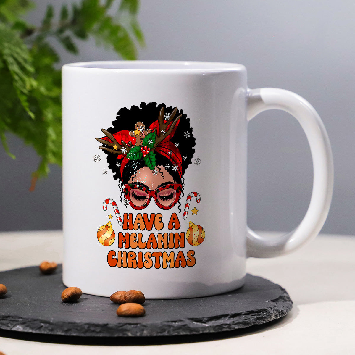 Tailorly White Ceramic 11 oz Mug - Have A Melanin Christmas Festive African American Woman With Reindeer Antlers And Stylish Red Glasses Woman