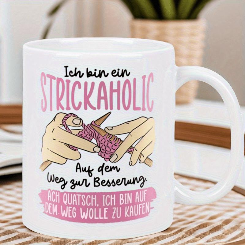 Tailorly White Ceramic 11 oz Mug - Detailed Illustration Of Hands Working With Pink Yarn On Knitting Needles Hands