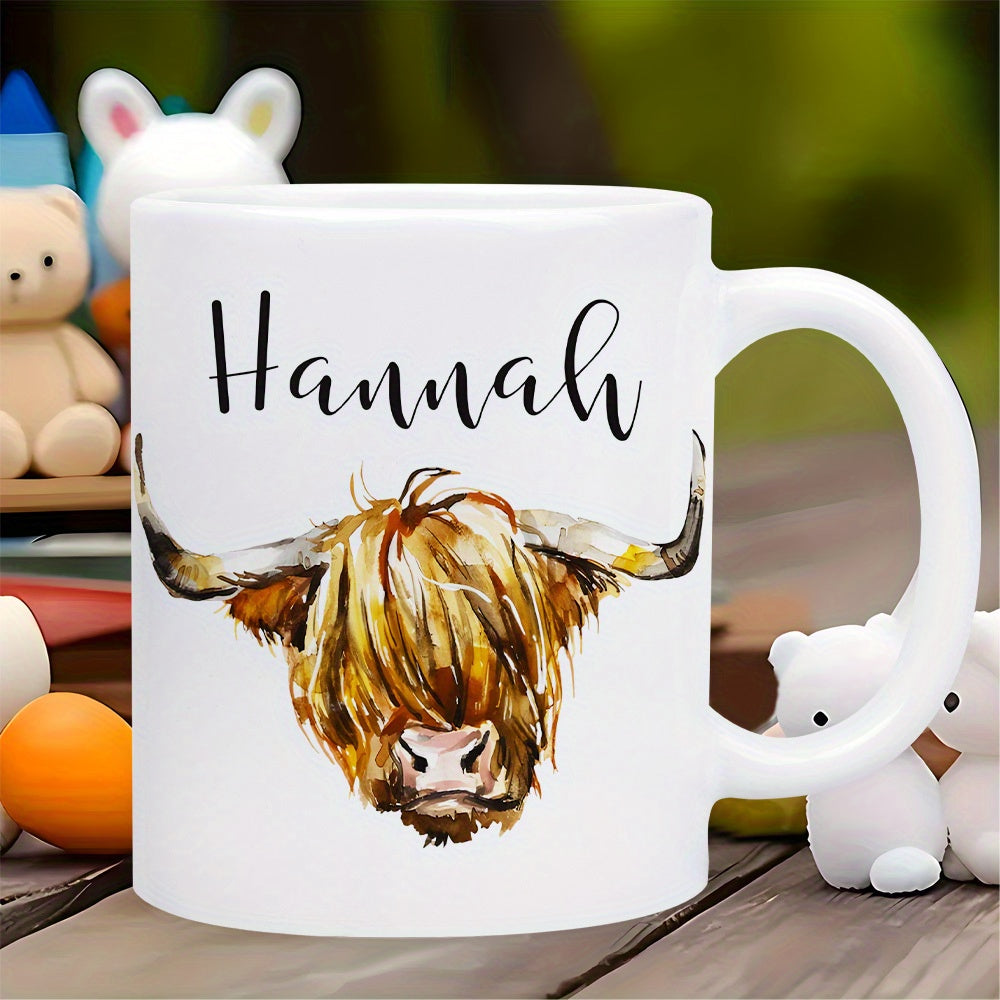 Tailorly White Ceramic 11 oz Mug - Hannah Artistic Shaggy Watercolor Painted Animal Head With Long Curved Horns Highland Cow