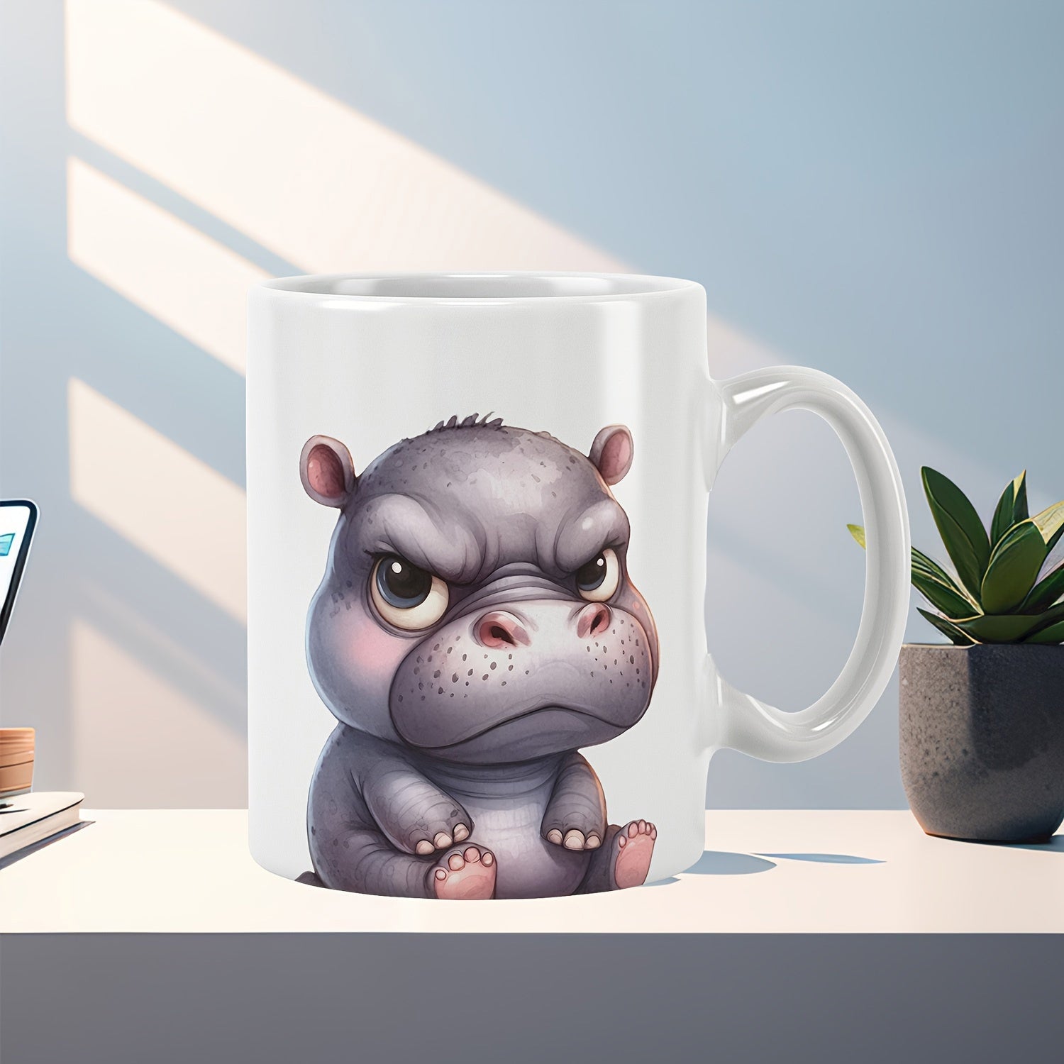 Tailorly White Ceramic 11 oz Mug - Small Grumpy Baby Hippopotamus With Intense Eyes Sitting On White Surface Hippo