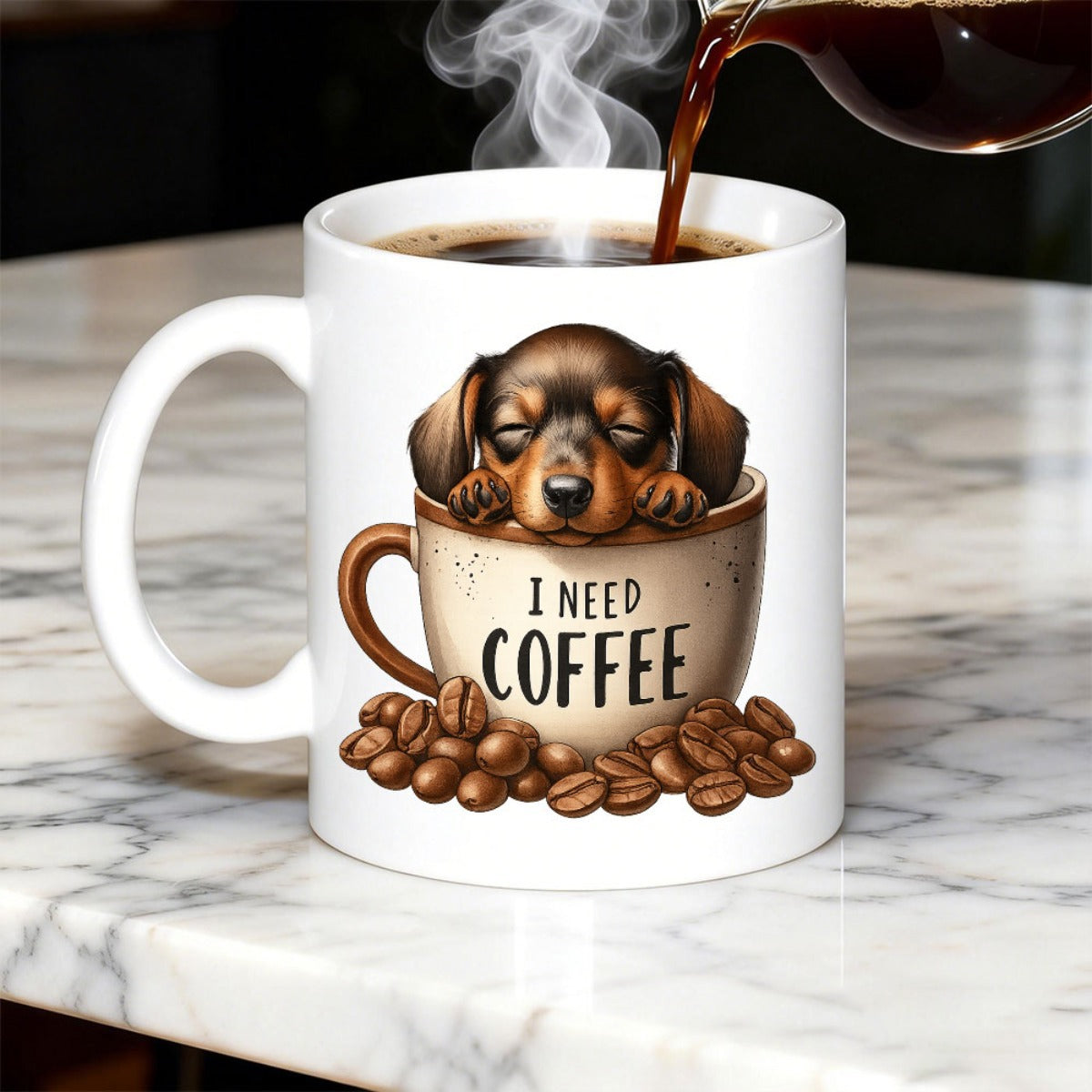 Tailorly White Ceramic 11 oz Mug - I Need Coffee Cute Brown Puppy Sleeping Inside Small Cup Surrounded By Roasted Beans Dachshund