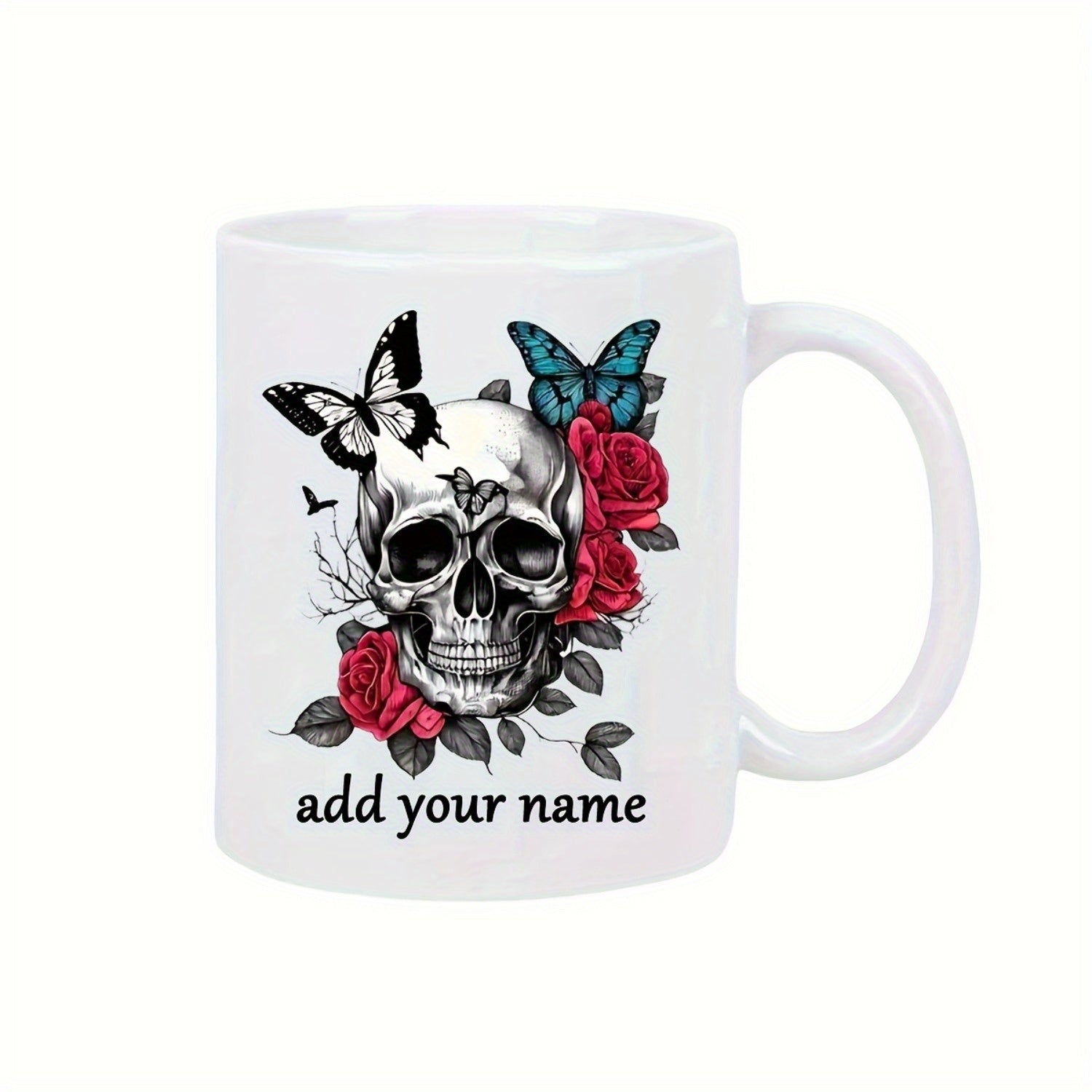 Tailorly White Ceramic 11 oz Mug - Add Your Name Detailed Human Skull Among Vibrant Red Roses And Fluttering Blue Butterflies Skull