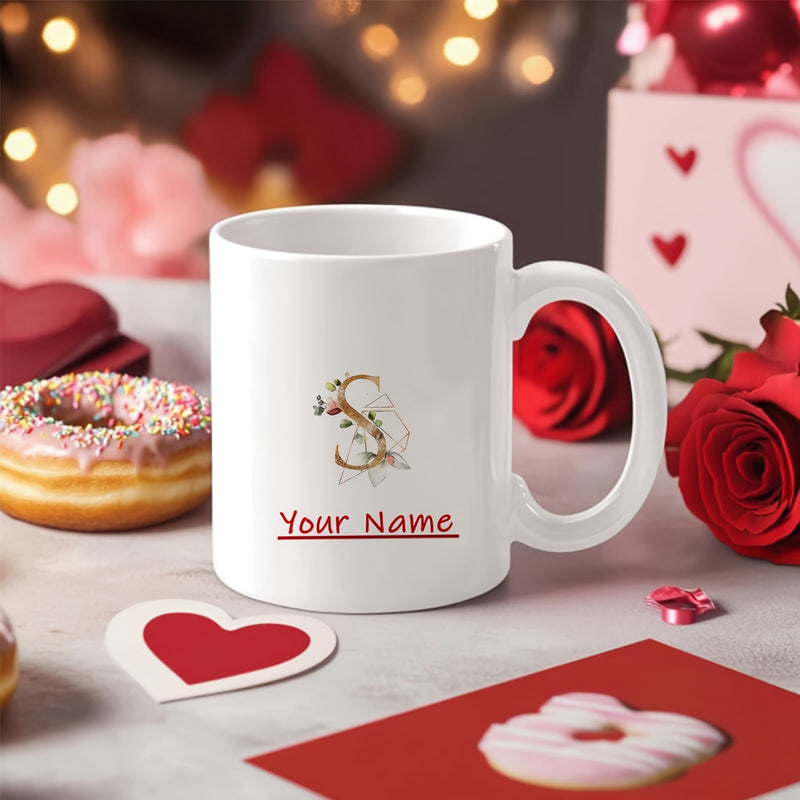 Tailorly White Ceramic 11 oz Mug - Your Name Ornate Floral Letter S Decorated With Delicate Flowers And Leaves Mug