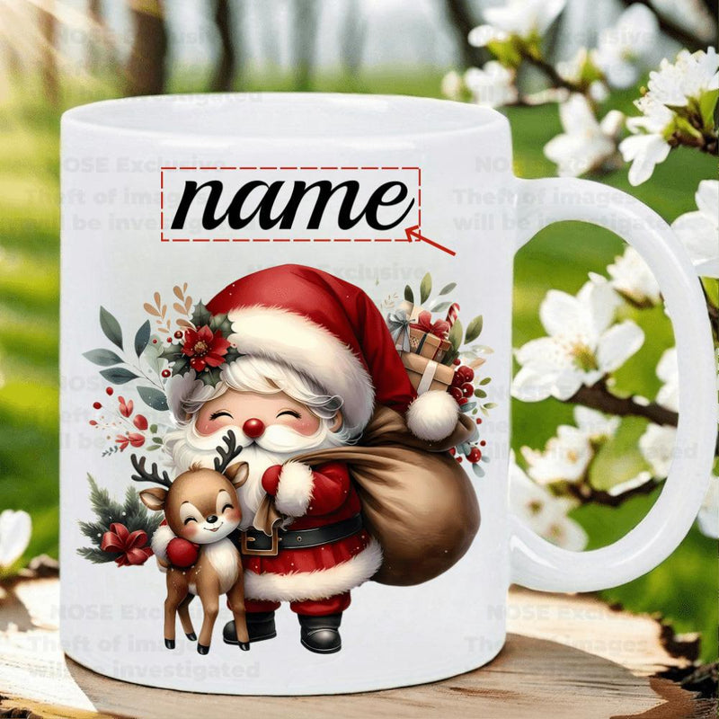 Tailorly White Ceramic 11 oz Mug - Name Festive Cartoon Santa Carrying Gift Bag Alongside A Small Reindeer Santa