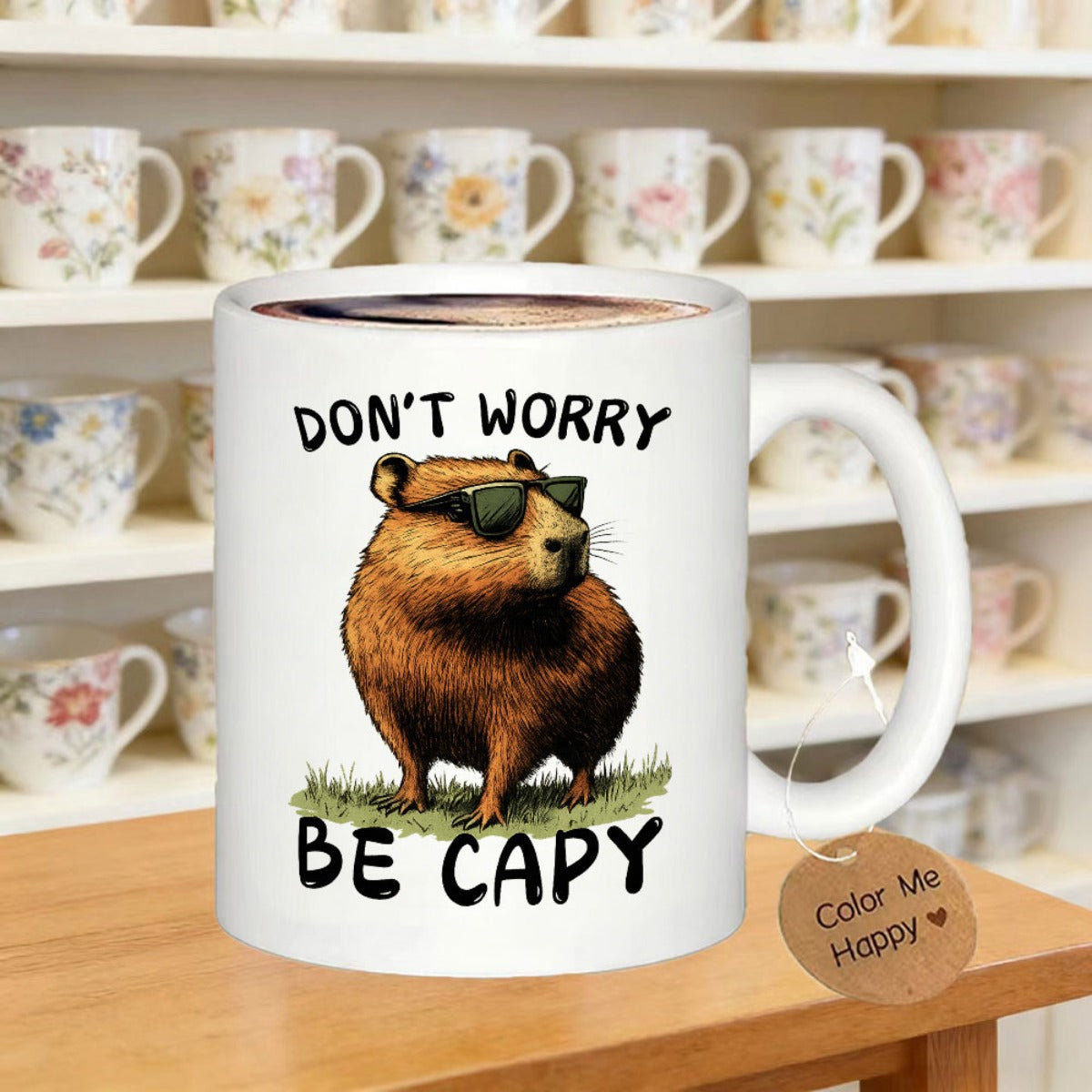 Tailorly White Ceramic 11 oz Mug - Don't Worry Be Capy Cool Brown Furry Animal Wearing Dark Sunglasses Standing In Green Grass Capybara