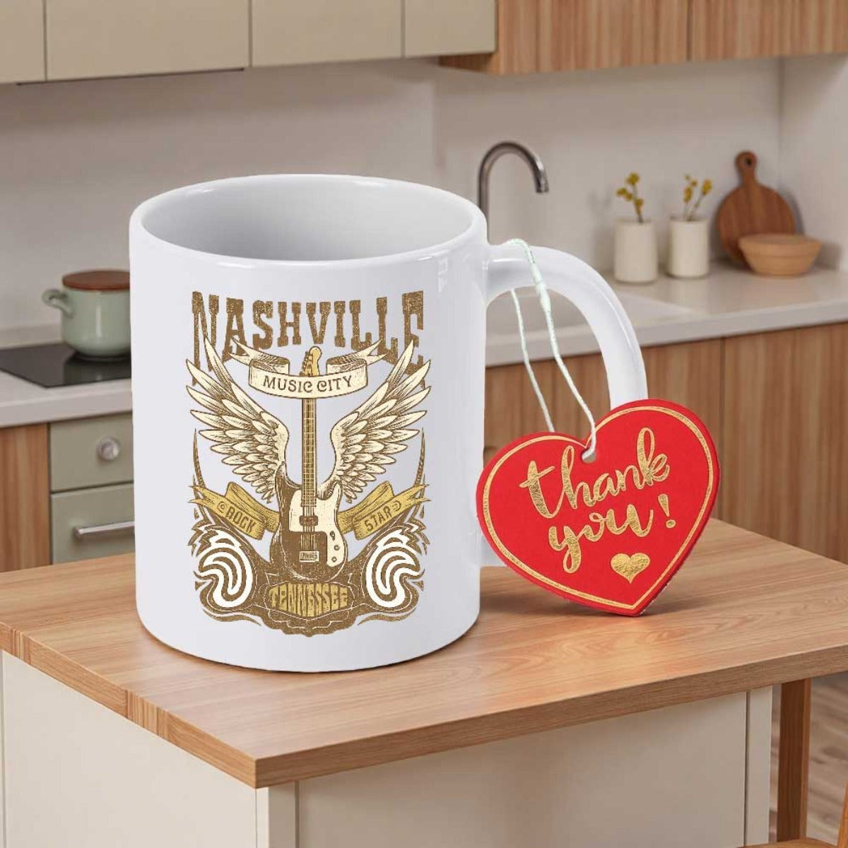Tailorly White Ceramic 11 oz Mug - Nashville Music City Freedom Vintage Artistic Winged Electric Guitar Among Elegant Banners And Swirls Guitar