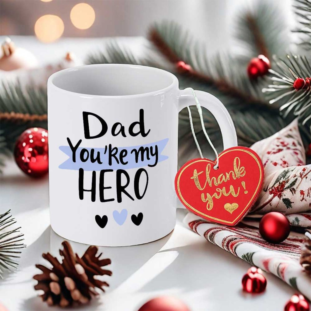 Tailorly White Ceramic 11 oz Mug - Dad Youre My Hero Thank You Simple Heart Icons Resting Below Bold Artistic Script Decorative