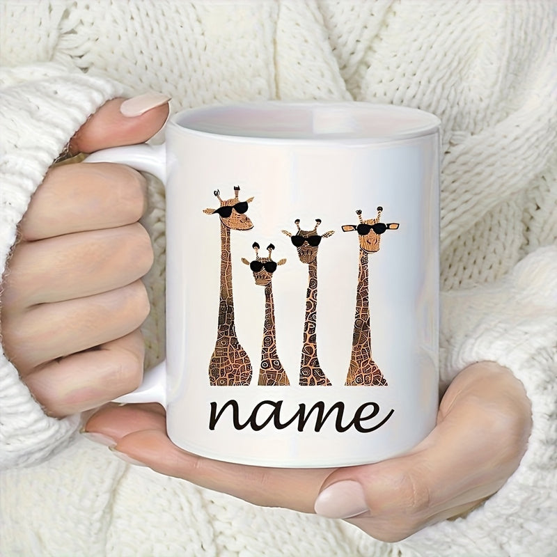 Tailorly White Ceramic 11 oz Mug - Name Four Whimsical Giraffes Wearing Stylish Sunglasses Standing In A Playful Row Giraffe