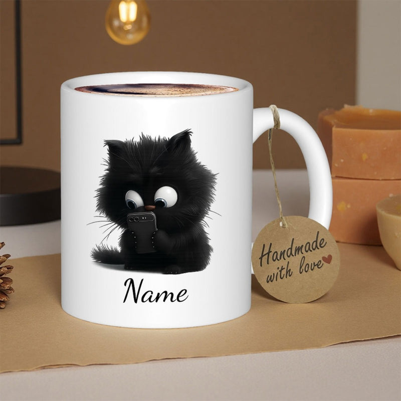 Tailorly White Ceramic 11 oz Mug - Name Tiny Fluffy Black Feline Focused On Small Mobile Smartphone Screen Cat