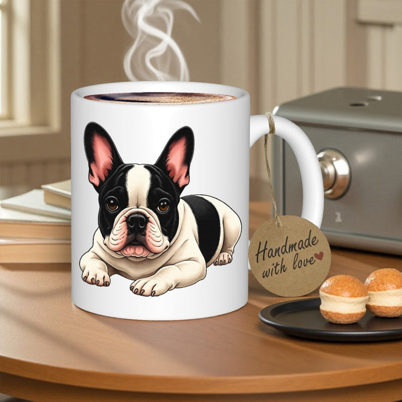 Tailorly White Ceramic 11 oz Mug - Handmade With Love Charming Black And White Spotted Puppy Relaxing In A Peaceful Pose French Bulldog