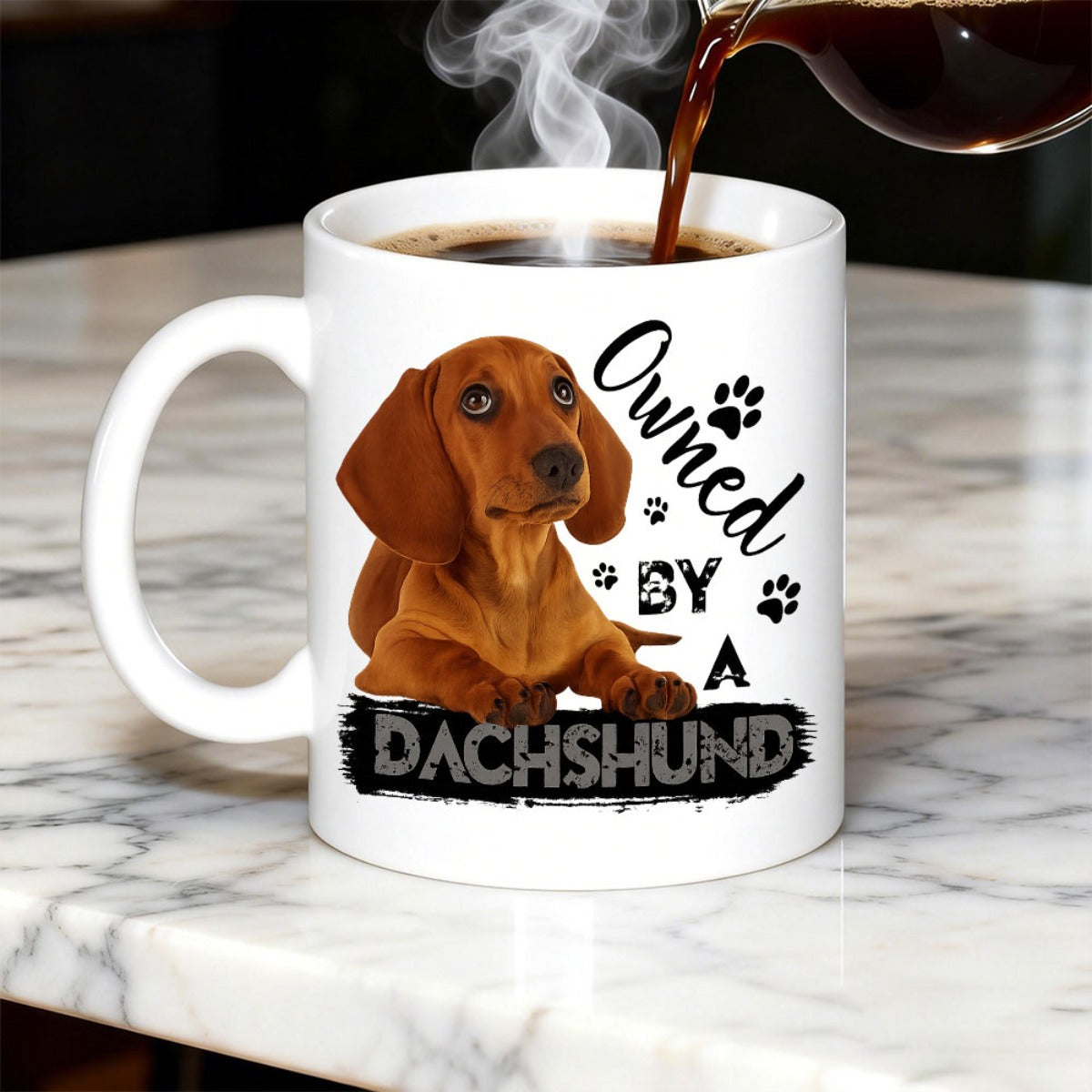 Tailorly White Ceramic 11 oz Mug - Owned By A Dachshund Charming Little Brown Puppy Lying Down Among Tiny Paw Prints Dachshund