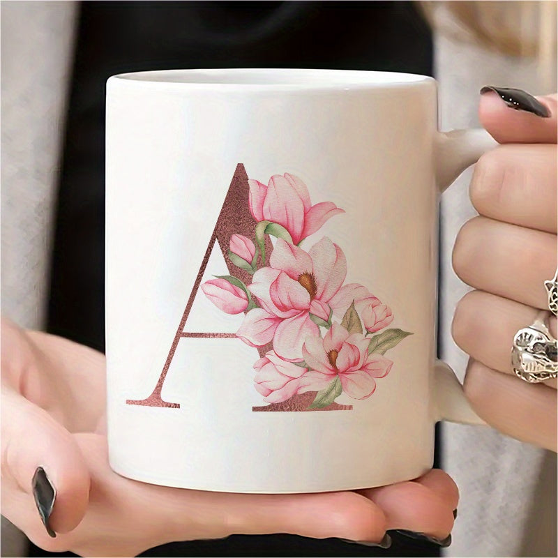 Tailorly White Ceramic 11 oz Mug - A Elegant Rose Gold Letter Featuring Soft Pink Magnolia Petals And Leaves Flower