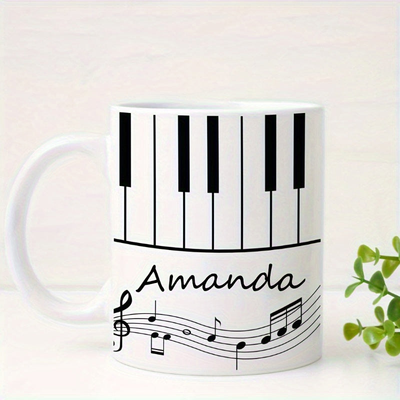 Tailorly White Ceramic 11 oz Mug - Amanda Black And White Piano Keys With Musical Staff And Flowing Notes Piano