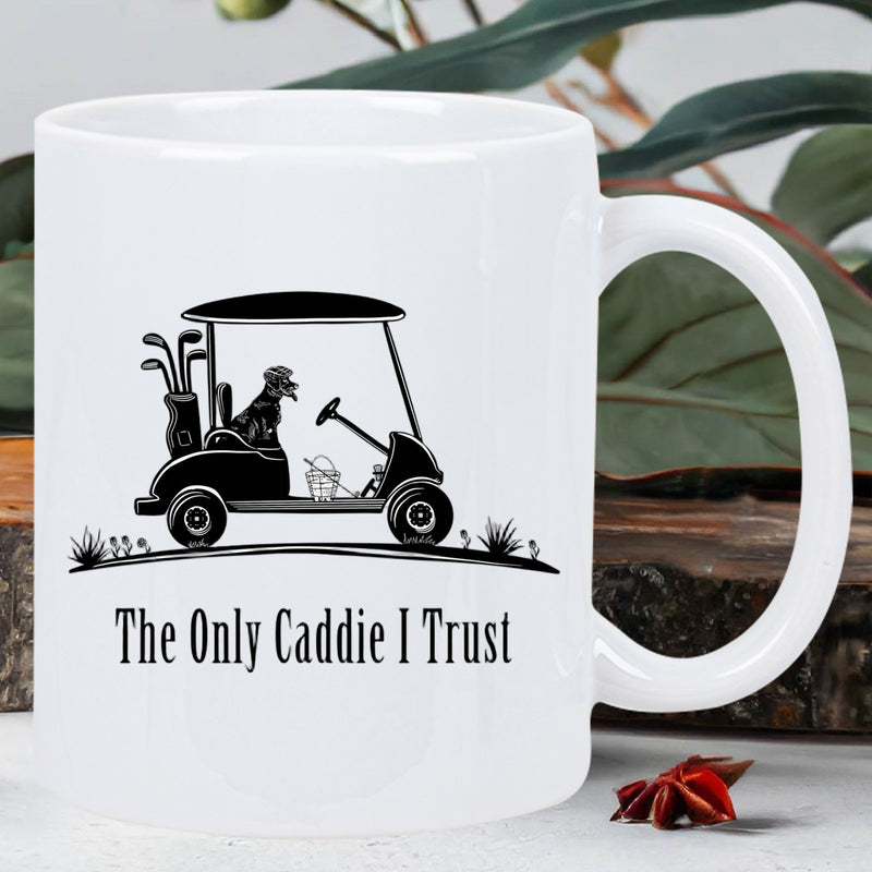 Tailorly White Ceramic 11 oz Mug - The Only Caddie I Trust Whimsical Black Silhouette Of A Dog Driving A Sporting Modern Golf Cart