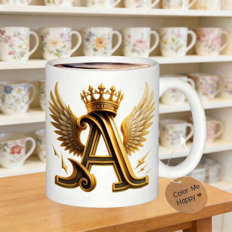 Tailorly White Ceramic 11 oz Mug - A Golden Wings And Royal Crown Shining On Metallic Initial