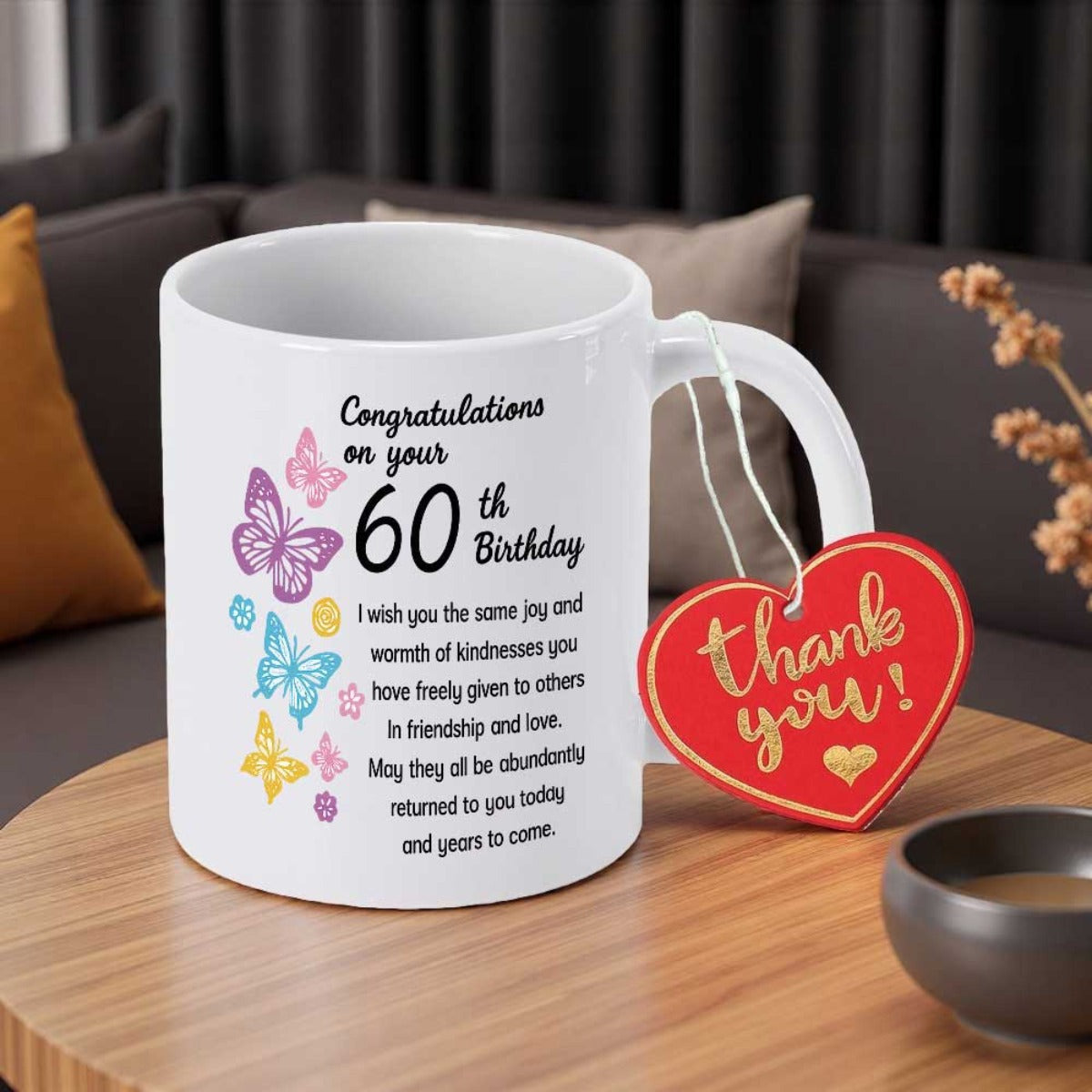 Tailorly White Ceramic 11 oz Mug - Congratulations On Your 60th Birthday Colorful Artistic Wings Fluttering Gently Beside Heartfelt Birthday Message Symbols