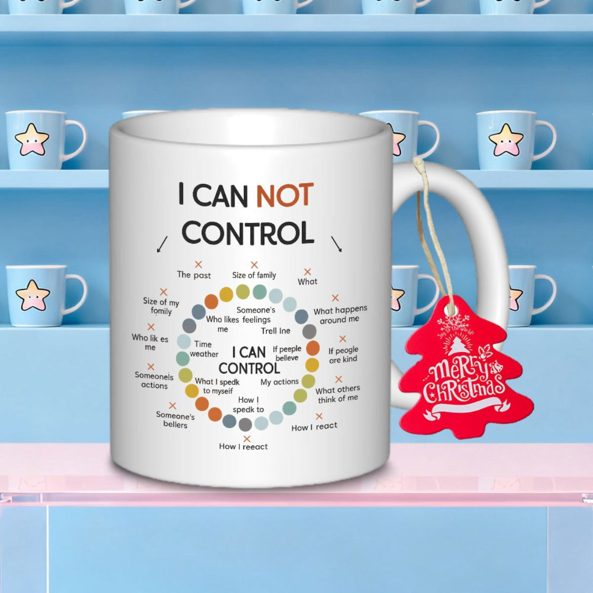 Tailorly White Ceramic 11 oz Mug - I Can Not Control I Can Control Minimalist Circular Diagram Featuring Colorful Dots Representing Mental Wellness Choices On