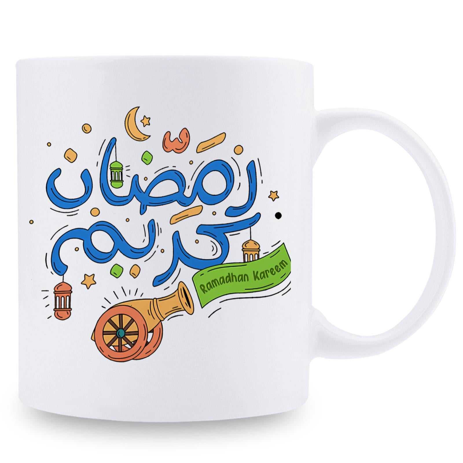 Tailorly White Ceramic 11 oz Mug - Ramadan Kareem Festive Colorful Illustrations Featuring Crescent Moon Lanterns And Traditional Golden Cannon Illustration
