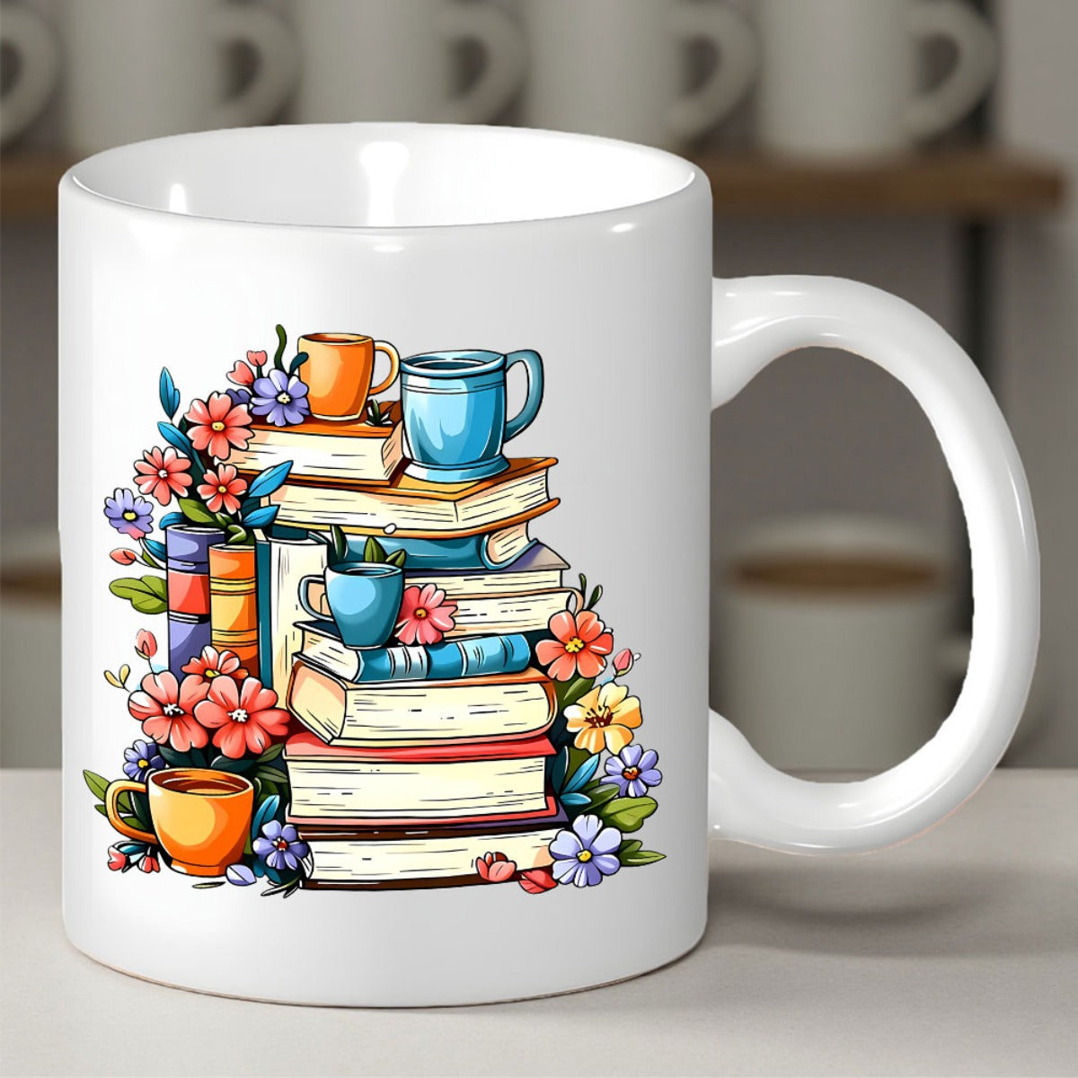 Tailorly White Ceramic 11 oz Mug - Colorful Vintage Books Decorated With Vibrant Flowers And Coffee Mugs Stack