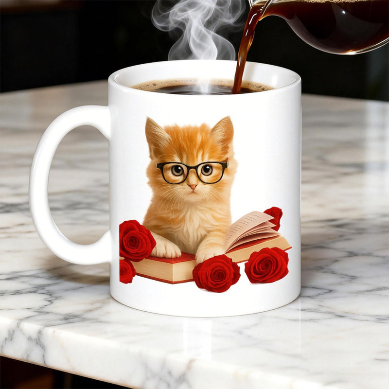 Tailorly White Ceramic 11 oz Mug - Adorable Ginger Kitten Wearing Glasses Reading Among Red Roses And Book Kitten