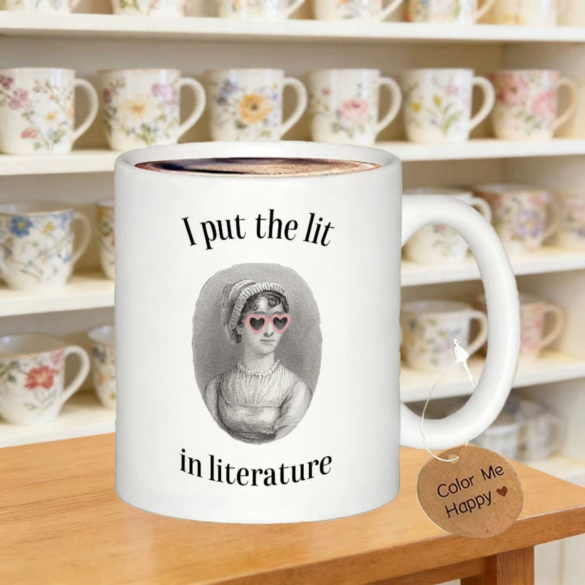 Tailorly White Ceramic 11 oz Mug - I Put The Lit In Literature Classic Historical Woman Figure Wearing Stylish Fun Heart Shaped Sunglasses Art Portrait