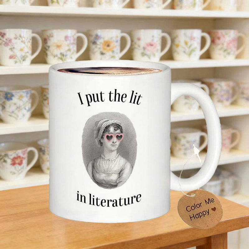 Tailorly White Ceramic 11 oz Mug - I Put The Lit In Literature Classic Historical Woman Figure Wearing Stylish Fun Heart Shaped Sunglasses Art Portrait