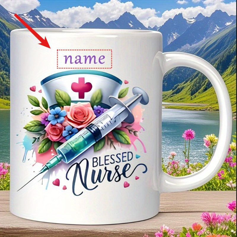 Tailorly White Ceramic 11 oz Mug - Blessed Nurse Floral Nursing Cap Surrounded By Medical Syringe And Blooming Roses Nurse