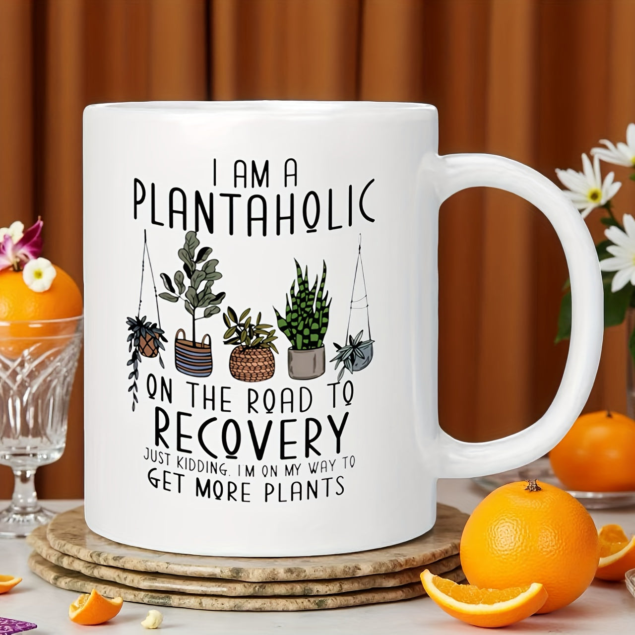 Tailorly White Ceramic 11 oz Mug - I Am A Plantaholic On The Road To Recovery Just Kidding Im On My Way To Get More Plants Various Lush Green Potted Houseplants