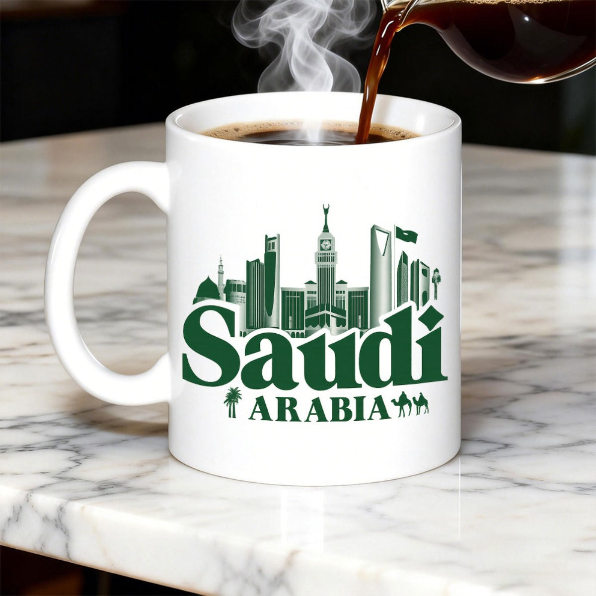 Tailorly White Ceramic 11 oz Mug - Saudi Arabia Silhouette Of Modern Famous Landmarks With Camels And Palm Trees Skyline