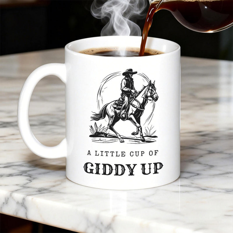 Tailorly White Ceramic 11 oz Mug - A Little Cup Of Giddy Up Vintage Sketch Of A Cowboy Riding Across The Wild Plains Horse