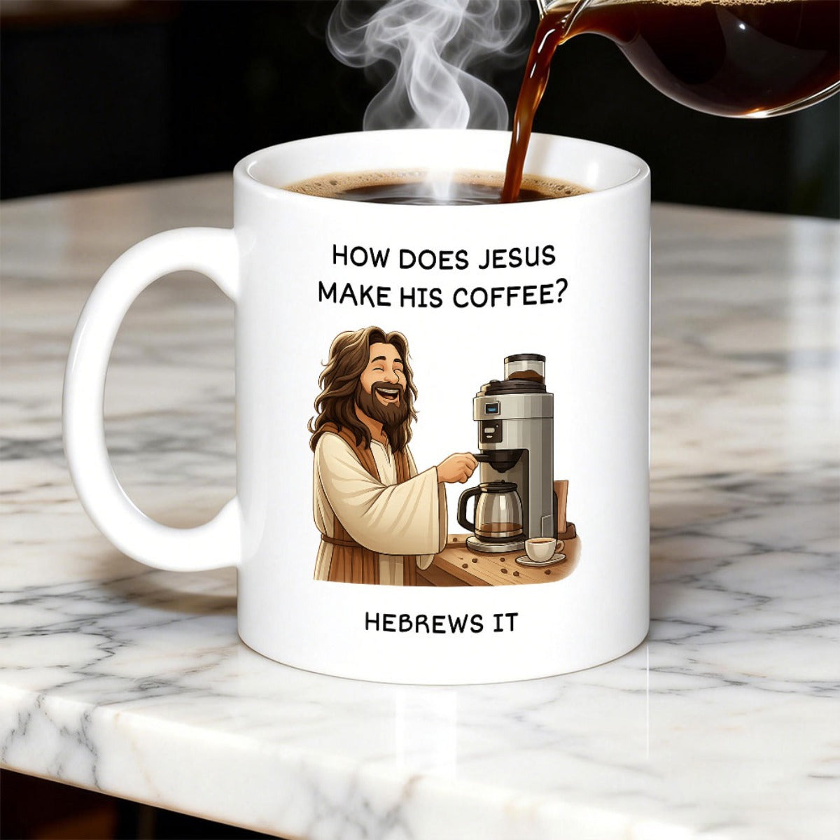 Tailorly White Ceramic 11 oz Mug - How Does Jesus Make His Coffee Hebrews It Smiling Cartoon Figure Brewing Morning Coffee Using A Modern Machine Jesus