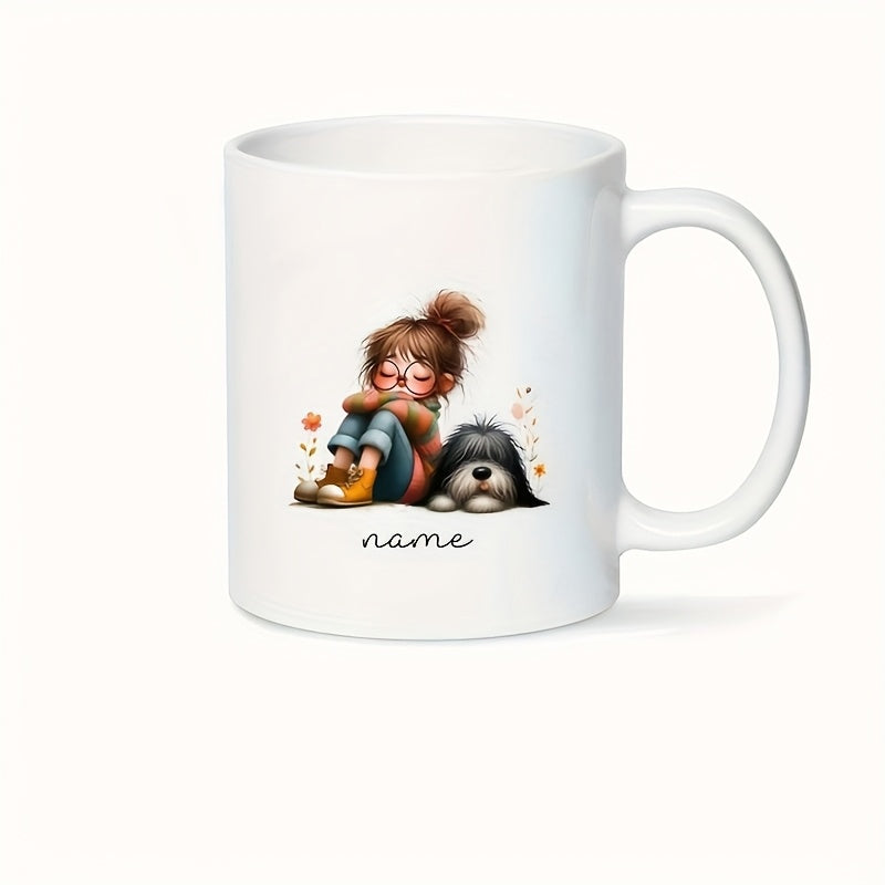 Tailorly White Ceramic 11 oz Mug - Name Adorable Cartoon Girl Sitting Calmly Beside Her Fluffy Furry Dog Girl