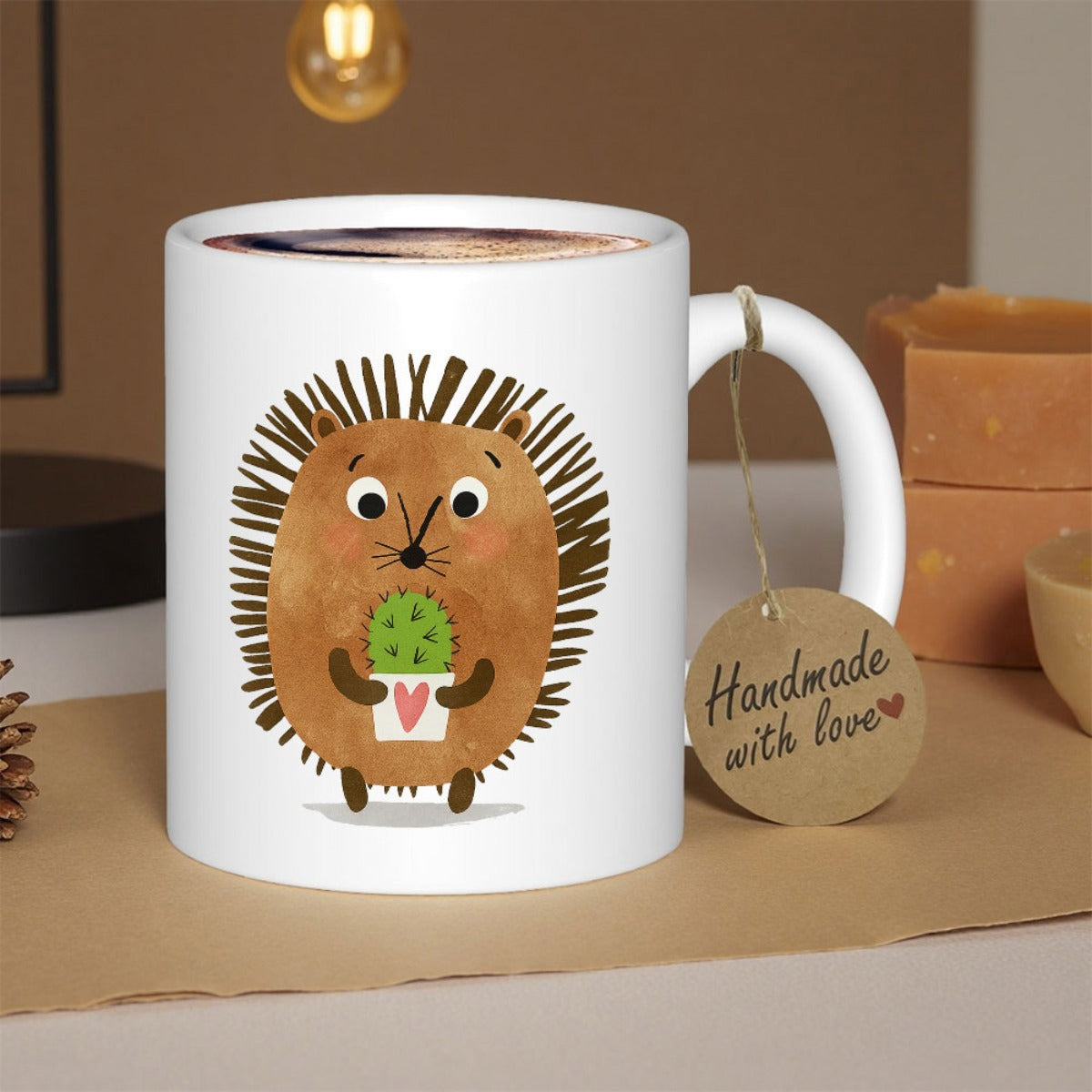 Tailorly White Ceramic 11 oz Mug - Adorable Brown Hedgehog Holding Small Green Cactus In Potted Heart Hedgehog