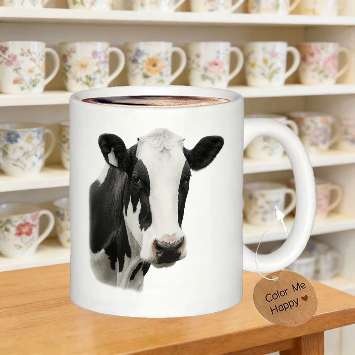Tailorly White Ceramic 11 oz Mug - Realistic Portrait Of A Majestic Black And White Farm Cow