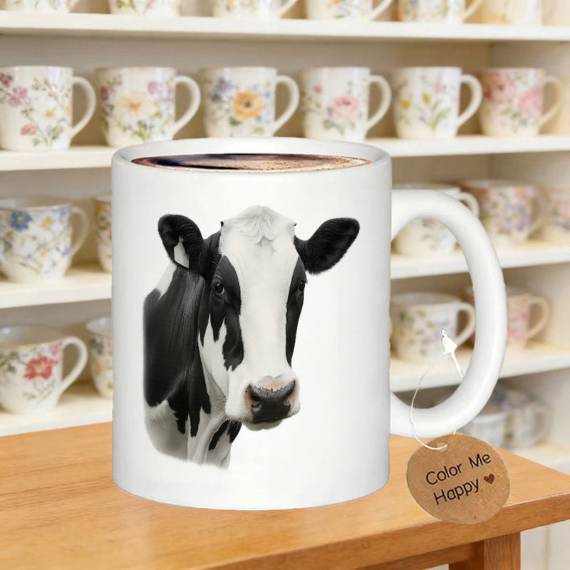 Tailorly White Ceramic 11 oz Mug - Realistic Portrait Of A Majestic Black And White Farm Cow