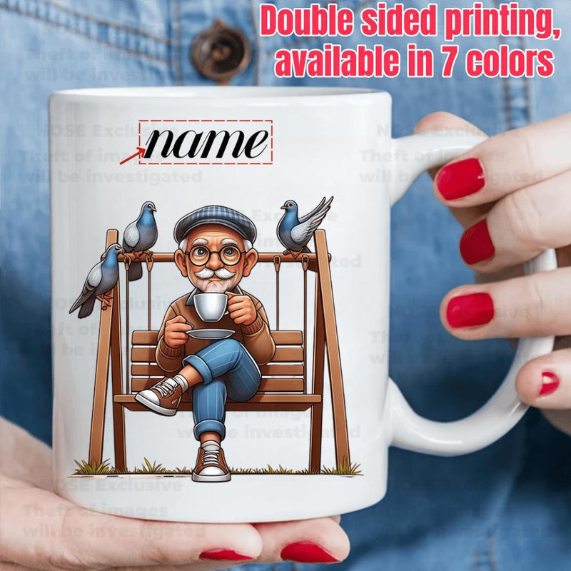 Tailorly White Ceramic 11 oz Mug - Name Peaceful Elderly Man Sitting On Garden Bench With Friendly Pigeons Illustration