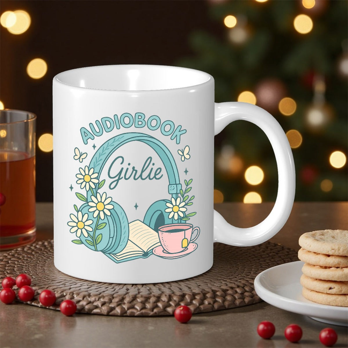 Tailorly White Ceramic 11 oz Mug - Audiobook Girlie Floral Headphones Decorated With White Daisies Near An Open Book Headphones