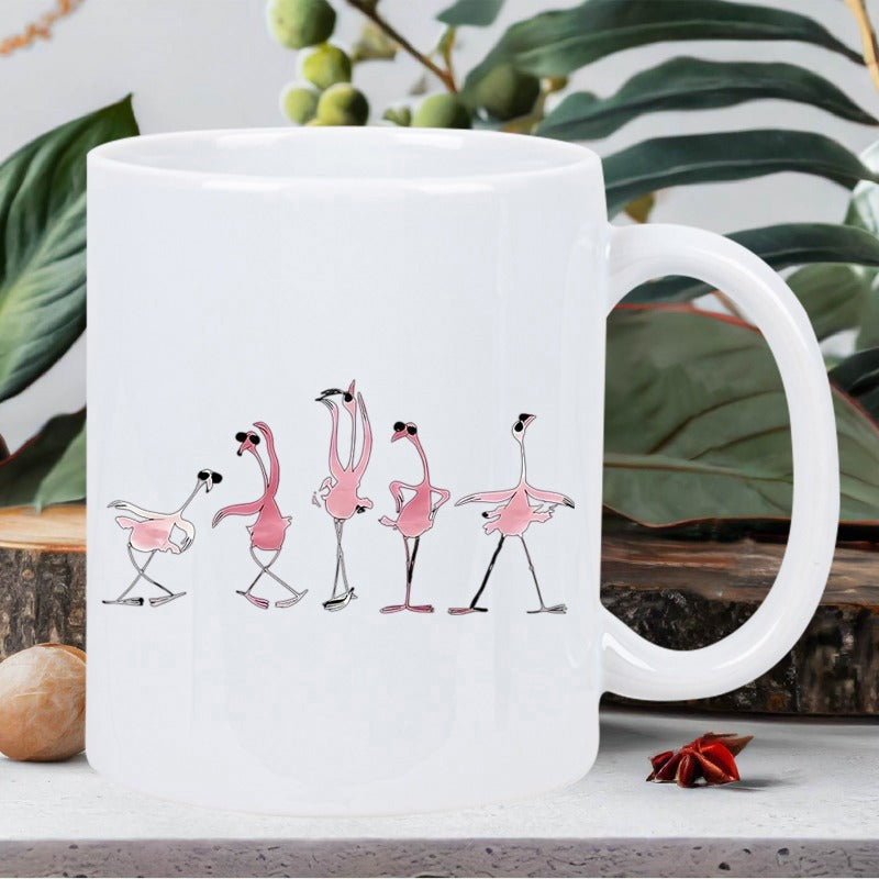Tailorly White Ceramic 11 oz Mug - Whimsical Hand Drawn Pink Flamingos Wearing Sunglasses In Fun Different Poses Flamingo