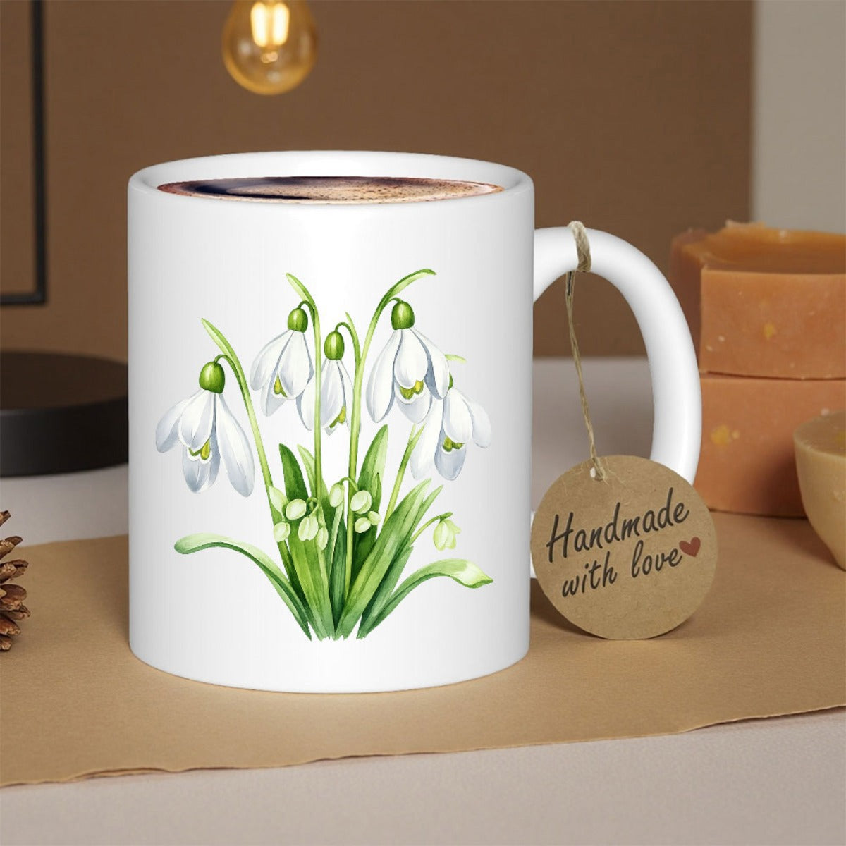Tailorly White Ceramic 11 oz Mug - Handmade With Love Delicate White Snowdrop Flowers Blooming Among Lush Green Leaves Flower