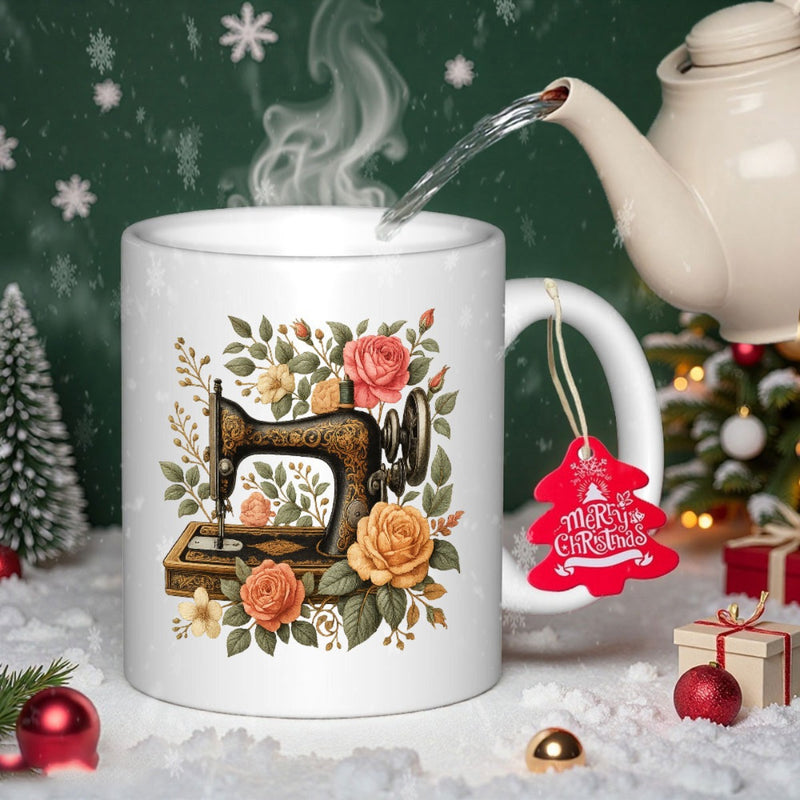 Tailorly White Ceramic 11 oz Mug - Merry Christmas Intricate Vintage Iron Framework Among Vibrant Blooming Roses And Greenery Sewing Machine