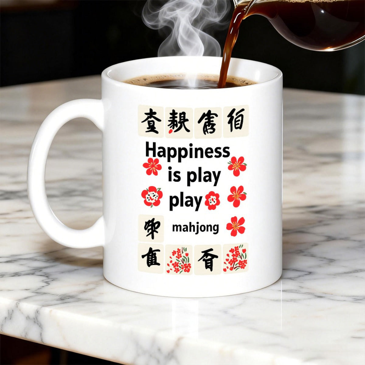 Tailorly White Ceramic 11 oz Mug - Happiness Is Play Play Mahjong Delicate Red Flowers Surrounding Traditional Chinese Gaming Pattern Elements Mahjong